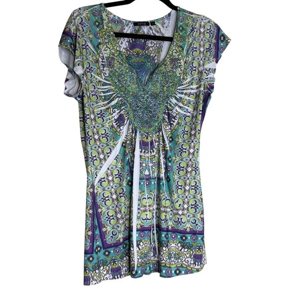 APT. 9 Boho Paisley Print Short Sleeve Tunic Top Green Blue Size Small - Picture 1 of 10
